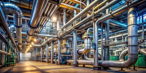 Fototapeta premium Industrial plant interior with intricate piping system , manufacturing, industry, factory, machinery, engineering