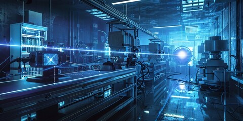 Artistic interpretation of a physics lab with laser equipment and particle accelerators for theoretical research