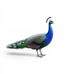 Obraz premium Vibrant peacock showcasing its iridescent blue and green feathers, standing gracefully on a white background, ideal for nature themes.