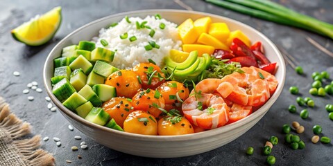 Shrimp poke bowl with fresh seafood, rice, green onions, tomatoes, avocado, and mango, shrimp, poke bowl, fresh seafood