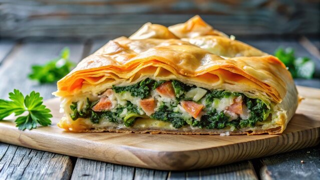 Greek pie with spinach and salmon in crispy fillo dough, Greek, pie, spinach, salmon, fillo, dough, food, recipe