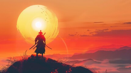Obraz premium A lone samurai stands on a mountaintop overlooking a vast, foggy landscape with a glowing sun behind them.