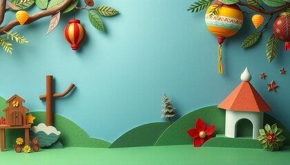 Paper craft landscape with houses, flowers, and lanterns on a blue background.