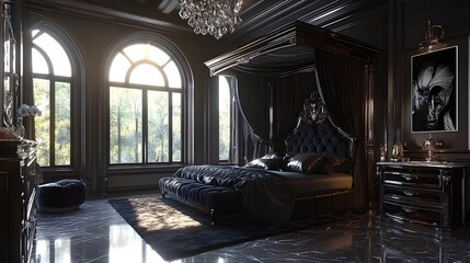 A luxurious black and gold bedroom with a large four-poster bed, marble floor, and large windows overlooking a garden.