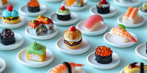 Obraz premium Miniature food set featuring tiny plates of sushi, burgers, and desserts, showcasing the artistry of small-scale culinary creations
