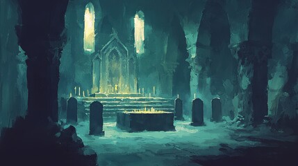 Dark Church Interior with Candles and Stone Pillars