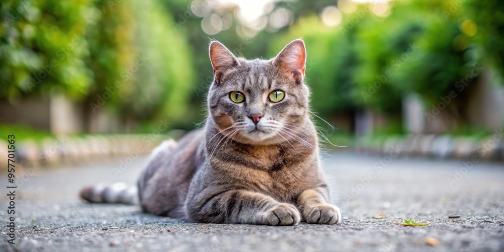 Sticker Gray cat laying on the asphalt in a yard, cat, gray, asphalt, yard, outdoor, pet, domestic, animal, relaxation, peaceful, calm