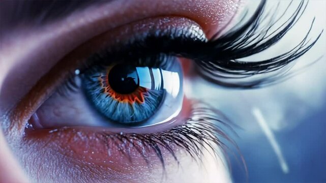 A woman's eye with long lashes and a blue iris