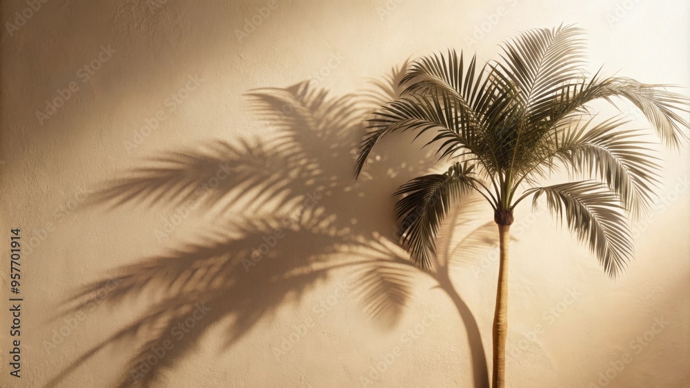 Canvas Prints Silhouette of palm tree shadow on a light beige background, tropical, exotic, nature, scenic, sunny, tranquil