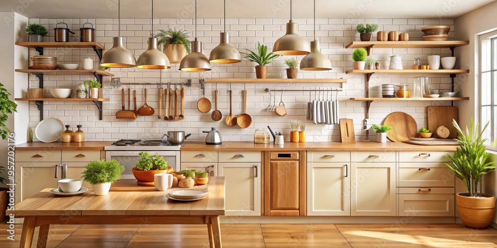 Sticker Kitchen interior with wooden furniture and numerous utensils, wood, kitchen, interior, furniture, utensils, cooking, design