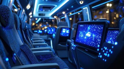 Obraz premium Modern Bus Interior with Blue LED Lighting and Personal Screens