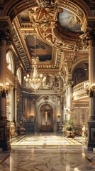 Obraz premium Grand, ornate entryway of a palatial mansion with high ceilings, marble floors, gold accents, and a chandelier.