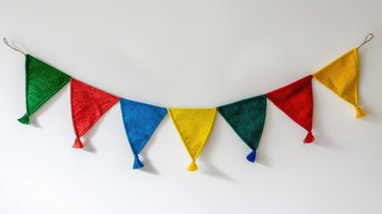 Vibrant garland with triangular flags in various colors, perfect for party decorations.