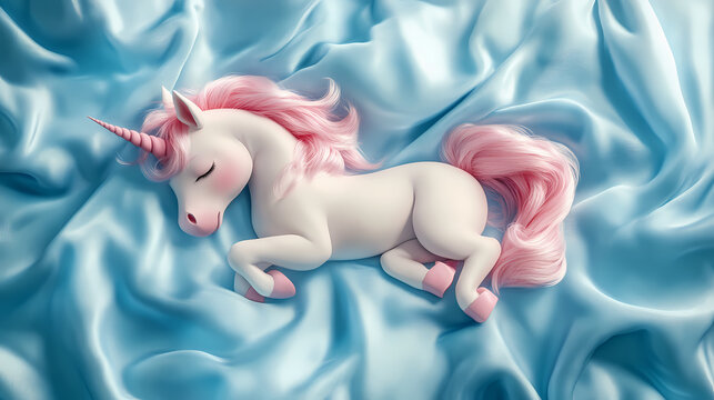 Adorable baby pink unicorn sleeping peacefully on the blue silk blanket. Unicorn. Illustration