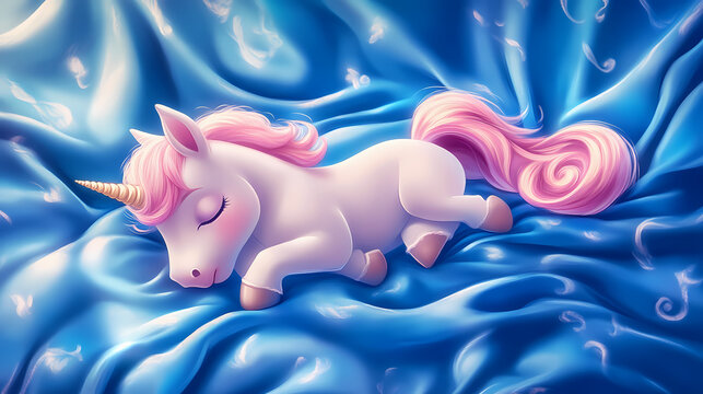 Adorable baby pink unicorn sleeping peacefully on the blue silk blanket. Unicorn. Illustration
