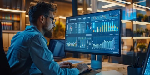 A business manager analyzing market trends and data on a computer screen, making strategic decisions for company growth