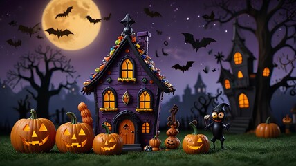 Fototapeta premium Cartoon Halloween Night Landscape