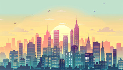 Fototapeta premium Vibrant cityscape during sunset, showcasing skyline filled with iconic skyscrapers