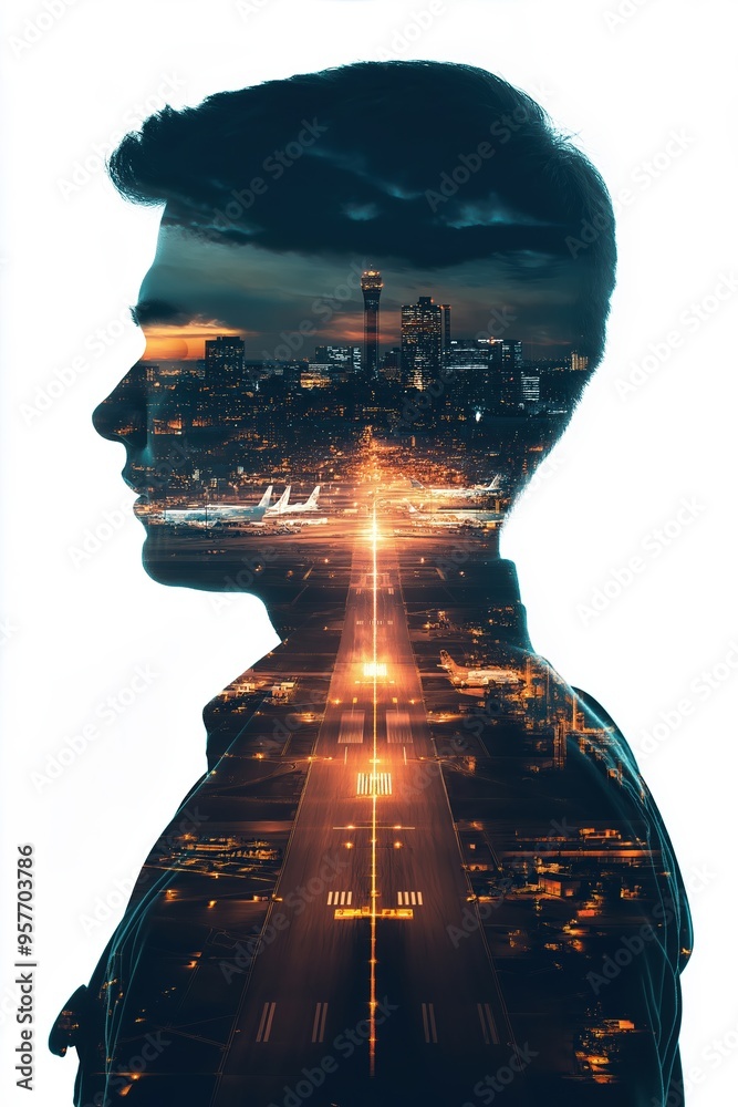 Wall mural Young man imagining city skyline with runway at night double exposure