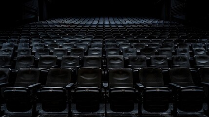 Fototapeta premium Empty black theater seats in an indoor stage auditorium. Representing drama, performance, and cultural environment.