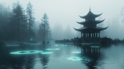 Fototapeta premium Mystical Chinese Pagoda on Misty Lake with Glowing Lights