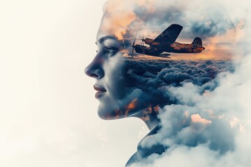 Woman combining with airplane flying above clouds at sunset