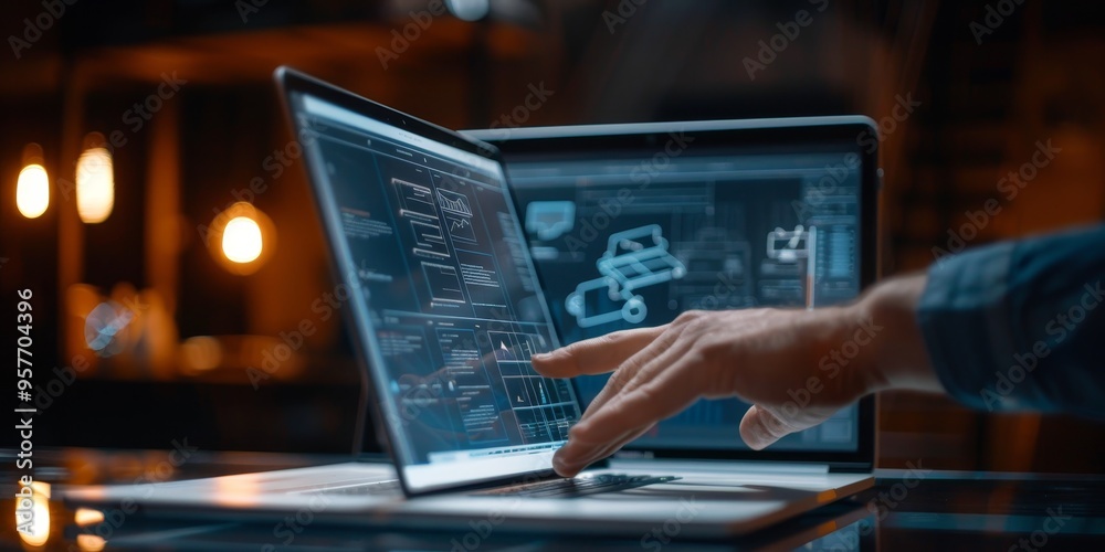 Poster Close-up of a designer's hand adjusting website layout elements on a laptop screen