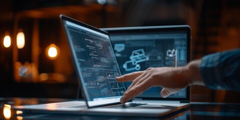 Close-up of a designer's hand adjusting website layout elements on a laptop screen