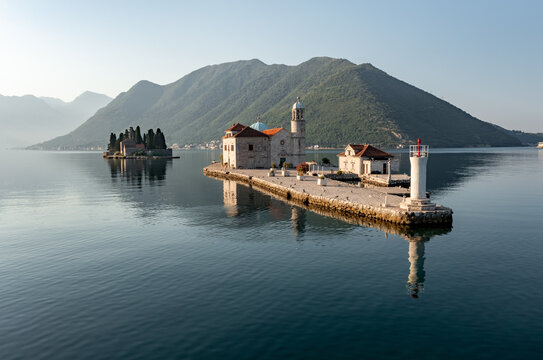 Islands in the bay Of Kotor on sunrise, nobody around
