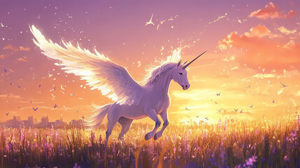 Winged unicorn in a magical meadow for fantasy or fairytale themed designs. Unicorn. Illustration