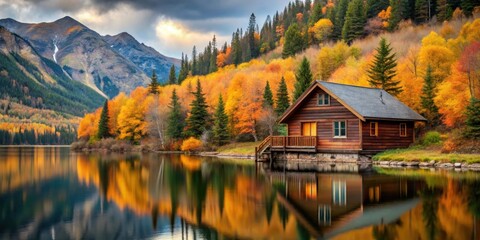 Obraz premium Cozy cabin nestled by a lakeside with autumn colors and mountains in the background, rustic, retreat, serene, scenic