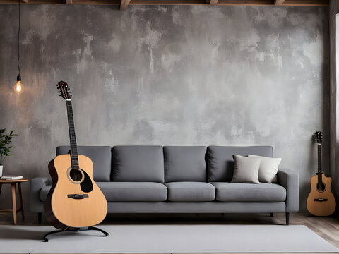 Minimalistic interior design concept. Acoustic guitar on grey textile sofa in spacious room of loft style apartment with wood textured laminated flooring. Background, copy space.