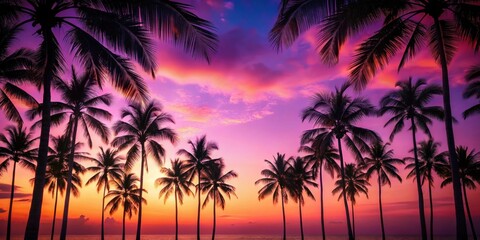 Palm trees framed by purple and pink shades of sunset create an incredible sight, palm trees, sunset, purple, pink, sky