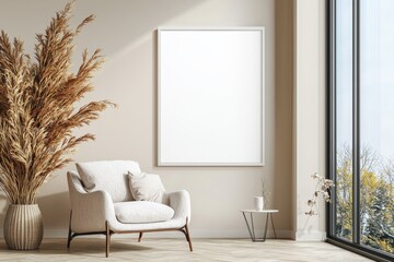 Poster Frame in Beige minimalist living room interior created with generative AI