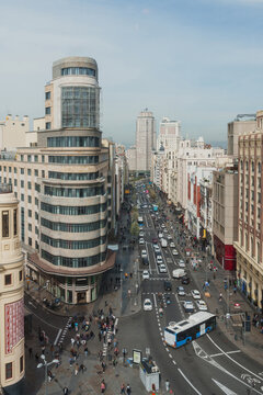 An aerial view of Gran V&iacute;a street in Madrid, Spain