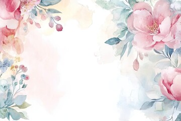 A beautiful watercolor floral frame with soft pink blooms and delicate greenery, perfect for invitations or greeting cards.