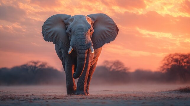 Elephant Walking Towards the Sunset in a Dusty Landscape