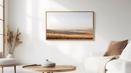 A framed photograph of a golden wheat field landscape hangs on a white wall above a white couch and a wooden coffee table in a modern living room.