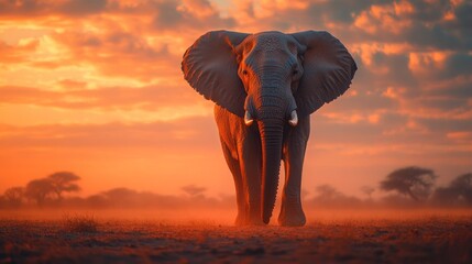 Obraz premium Elephant Walking Towards the Sunset in the African Savanna