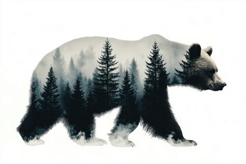 Brown bear walking with foggy forest double exposure