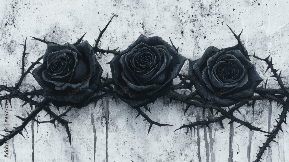 Wall mural black roses with thorns on grunge background