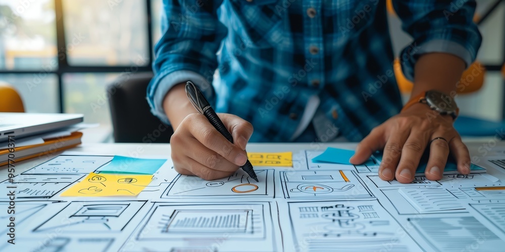 Poster close-up of ux designer's hands sketching wireframes on paper, illustrating creative design thinking