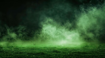 Abstract smoke wisps hovering over a field of grass in a dark and mysterious setting.