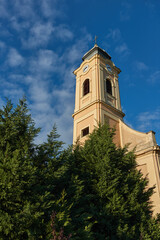 Old church tower sunny blue sky