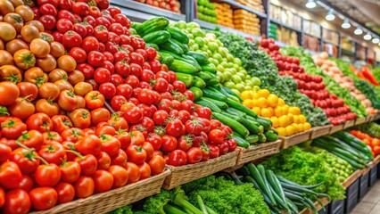 Fresh vegetables and tomatoes piled high in a supermarket aisle , shopping, groceries, produce, healthy, cooking
