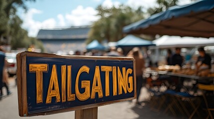 Football game - Saturday - party - college - tailgate - with a sign that reads “TAILGATING” - sports - friends - rivalry 