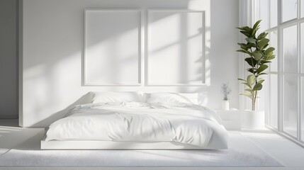 Minimalist bedroom with white bed, white rug, white walls, and two empty frames, a plant on a stand, and sunlight streaming through a large window.