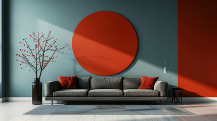 Minimalist living room with a sofa and a wall featuring a simple, oversized circle in a contrasting color.  interior design concept 