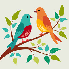 Two birds sit on trees branch minimalistic