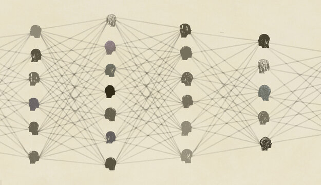 Male and female heads connected in a neural net configuration